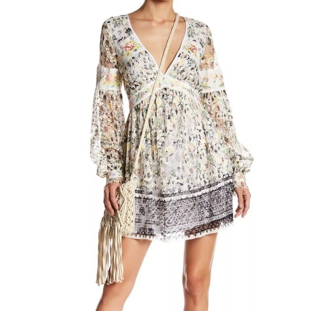 Free People Cherry Blossom Dress Embroidered Lace Long Sleeve Pleated Size 2